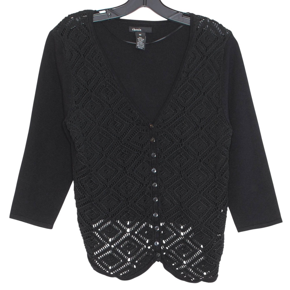 Thesis Cardigan Sweater 3/4‎ Sleeve Goth Romantic Open Knit Button Black Medium